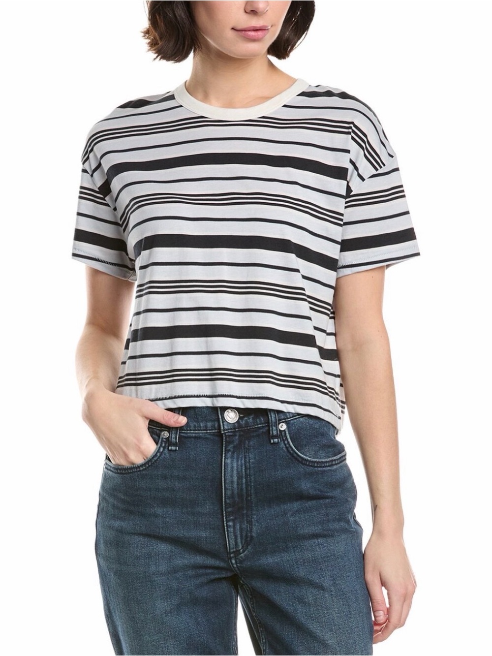 rag & bone Mai Striped Boxy Crop T-Shirt in Cloud Blue, Cotton Women’s Size S